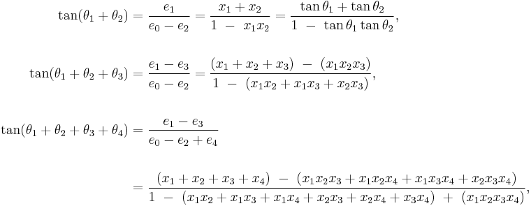  \begin{align}
\tan(\theta_1 + \theta_2) &
= \frac{ e_1 }{ e_0 - e_2 }
= \frac{ x_1 + x_2 }{ 1 \ - \ x_1 x_2 }
= \frac{ \tan\theta_1 + \tan\theta_2 }{ 1 \ - \ \tan\theta_1 \tan\theta_2 }
,
\\ \\
\tan(\theta_1 + \theta_2 + \theta_3) &
= \frac{ e_1 - e_3 }{ e_0 - e_2 }
= \frac{ (x_1 + x_2 + x_3) \ - \ (x_1 x_2 x_3) }{ 1 \ - \ (x_1x_2 + x_1 x_3 + x_2 x_3) },
\\ \\
\tan(\theta_1 + \theta_2 + \theta_3 + \theta_4) &
= \frac{ e_1 - e_3 }{ e_0 - e_2 + e_4 } \\ \\ &
= \frac{ (x_1 + x_2 + x_3 + x_4) \ - \ (x_1 x_2 x_3 + x_1 x_2 x_4 + x_1 x_3 x_4 + x_2 x_3 x_4) }{ 1 \ - \ (x_1 x_2 + x_1 x_3 + x_1 x_4 + x_2 x_3 + x_2 x_4 + x_3 x_4) \ + \ (x_1 x_2 x_3 x_4) },
\end{align}