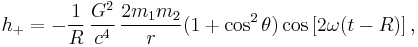 h_{+} = -\frac{1}{R}\, \frac{G^2}{c^4}\, \frac{2 m_1 m_2}{r} (1+\cos^2\theta) \cos\left[2\omega(t - R)\right],