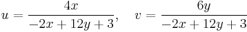 u = \frac{4x}{-2x+12y+3}, \quad v = \frac{6y}{-2x+12y+3}