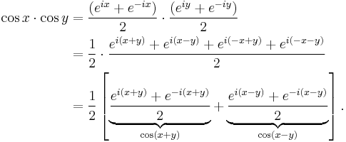 
\begin{align}
\cos x\cdot \cos y & = \frac{(e^{ix}+e^{-ix})}{2} \cdot \frac{(e^{iy}+e^{-iy})}{2} \\
& = \frac{1}{2}\cdot \frac{e^{i(x+y)}+e^{i(x-y)}+e^{i(-x+y)}+e^{i(-x-y)}}{2} \\
& = \frac{1}{2} \left[ \underbrace{ \frac{e^{i(x+y)} + e^{-i(x+y)}}{2} }_{\cos(x+y)} + \underbrace{ \frac{e^{i(x-y)} + e^{-i(x-y)}}{2} }_{\cos(x-y)} \right].
\end{align}
