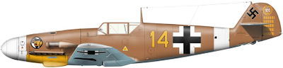 A fighter aircraft, shown in profile, viewed from the left. The aircraft is brown, with a white nose. Decorations include a yellow 14, white lines, black and white crosses on the body and on bottom of the wing, and a black swastika on the tail; the rudder bears a white 100 in a wreath and 52�small vertical black lines arranged in five blocks of varying length.