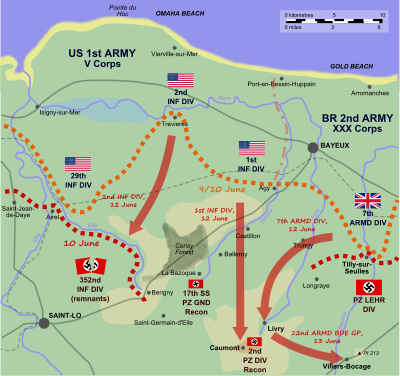 A diagram of the Caumont Gap and the advances made by the Anglo-American forces, as described in the text.