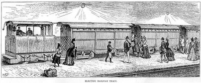 Illustration of a train of three carriages and a small locomotive waiting at a below ground platform; passengers in Victorian dress are boarding the train