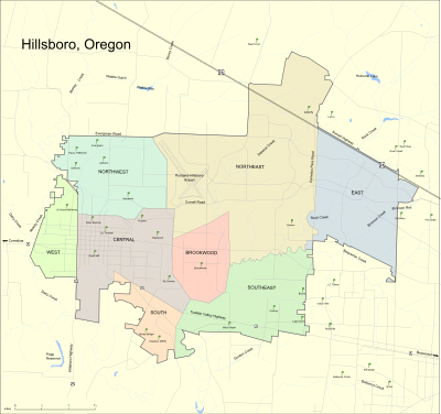 Map of Hillsboro with eight planning areas designated in different colors. Includes major roadways and locations of schools.