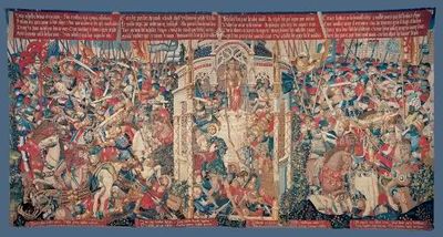 A very busy picture where many figures are shown dressed in late medieval style. In the centre is the temple in which Achilles is being ambushed. On either sides are the battles where Troilus and Paris are killed. Scrolls of text are visible above and below the picture, though what is written is not clear.