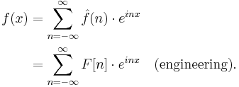 
\begin{align}
f(x) &= \sum_{n=-\infty}^{\infty} \hat{f}(n)\cdot e^{inx} \\
&= \sum_{n=-\infty}^{\infty} F[n]\cdot e^{inx} \quad \mbox{(engineering)}.
\end{align}
