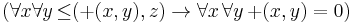 (\forall x \forall y \, \mathop{\leq}(\mathop{+}(x, y), z) \to \forall x\, \forall y\, \mathop{+}(x, y) = 0)