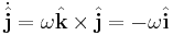 \dot{\hat {\mathbf{ j}}} = \omega  \hat {\mathbf{ k}}\times \hat {\mathbf{ j}} = - \omega \hat {\mathbf{ i}} 