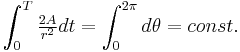 \int_{0}^{T} \tfrac{2A}{r^2}dt = \int_{0}^{2\pi} d\theta = const.