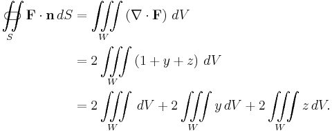 
\begin{align}
 \iint\limits_{S}\!\!\!\!\!\!\!\!\!\!\!\!\!\!\!\!\;\;\;\subset\!\supset \mathbf{F} \cdot \mathbf{n}\,{d}S
 &= \iiint\limits_W\left(\nabla\cdot\mathbf{F}\right) \, dV\\
 &= 2\iiint\limits_W\left(1+y+z\right) \, dV\\
 &= 2\iiint\limits_W \,dV + 2\iiint\limits_W y \,dV + 2\iiint\limits_W z \,dV.
\end{align}
