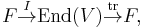 F \overset{I}{\to} \operatorname{End}(V) \overset{\operatorname{tr}}{\to} F,