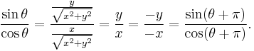 \frac{\sin \theta}{\cos \theta } = \frac{\frac{y}{\sqrt{x^2 + y^2}}}{\frac{x}{\sqrt{x^2 + y^2}}} = \frac{y}{x} =  \frac{-y}{-x} = \frac{\sin (\theta + \pi)}{\cos (\theta + \pi) }. 