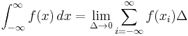 \int_{-\infty}^{\infty} f(x)\, dx = \lim_{\Delta \to 0} \sum_{i = -\infty}^{\infty} f(x_i) \Delta