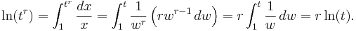 
\ln(t^r) = \int_1^{t^r} \frac{dx}{x} = \int_1^t \frac{1}{w^r} \left(rw^{r - 1} \, dw\right) = r \int_1^t \frac{1}{w} \, dw = r \ln(t).
