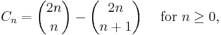 C_n = {2n\choose n} - {2n\choose n+1} \quad\text{ for }n\ge 0,