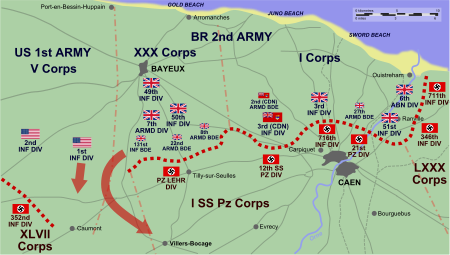 A map of the area around Caen showing the progress made by Allied forces between D-Day and 12 June, as described in the text.