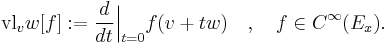 
\operatorname{vl}_vw[f]�:= \frac{d}{dt}\Big|_{t=0}f(v+tw) \quad , \quad f\in C^\infty(E_x).
