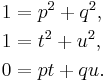 
\begin{align}
1 & = p^2+q^2, \\
1 & = t^2+u^2, \\
0 & = pt+qu.
\end{align}
