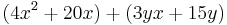 (4x^2+20x)+(3yx+15y)\,