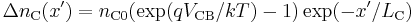 \Delta n_{\text{C}} (x') = n_{\text{C}0} (\exp (q V_{\text{CB}} / kT) - 1) \exp(-x'/L_{\text{C}})\;