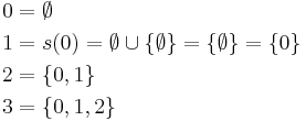 \begin{align}
0 &= \emptyset \\
1 &= s(0) = \emptyset \cup \{ \emptyset \} = \{ \emptyset \} = \{ 0 \} \\
2 &= \{ 0, 1 \} \\
3 &= \{ 0, 1, 2 \}
\end{align}