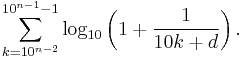 \sum_{k=10^{n-2}}^{10^{n-1}-1} \log_{10}\left(1 + \frac{1}{10k+d}\right).