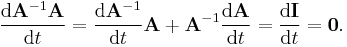 \frac{\mathrm{d}\mathbf{A}^{-1}\mathbf{A}}{\mathrm{d}t}
=\frac{\mathrm{d}\mathbf{A}^{-1}}{\mathrm{d}t}\mathbf{A}
+\mathbf{A}^{-1}\frac{\mathrm{d}\mathbf{A}}{\mathrm{d}t}
=\frac{\mathrm{d}\mathbf{I}}{\mathrm{d}t}
=\mathbf{0}.