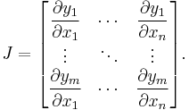 J=\begin{bmatrix} \dfrac{\partial y_1}{\partial x_1} & \cdots & \dfrac{\partial y_1}{\partial x_n} \\ \vdots & \ddots & \vdots \\ \dfrac{\partial y_m}{\partial x_1} & \cdots & \dfrac{\partial y_m}{\partial x_n}  \end{bmatrix}. 