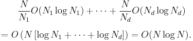 
\begin{align}
& {} \qquad  \frac{N}{N_1} O(N_1 \log N_1) + \cdots + \frac{N}{N_d} O(N_d \log N_d) \\[6pt]
& = O\left(N \left[\log N_1 + \cdots + \log N_d\right]\right) = O(N \log N).
\end{align}
