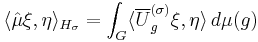 \langle \hat{\mu}\xi,\eta\rangle_{H_\sigma} = \int_G \langle \overline{U}^{(\sigma)}_g\xi,\eta\rangle\,d\mu(g)