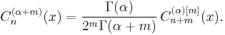 C_n^{(\alpha+m)}(x) = \frac{\Gamma(\alpha)}{2^m\Gamma(\alpha+m)}\! \  C_{n+m}^{(\alpha)[m]}(x).