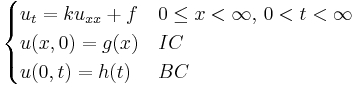 \begin{cases} u_{t}=ku_{xx}+f & 0\le x<\infty,\,0<t<\infty \\ u(x,0)=g(x) & IC \\ u(0,t)=h(t) & BC\end{cases} 