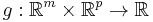 g:\mathbb{R}^m \times \mathbb{R}^p \to \mathbb{R} 