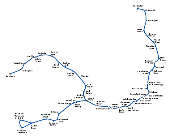 Geographically accurate path of the Piccadilly line