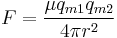 F={{\mu q_{m1} q_{m2}}\over{4\pi r^2}}