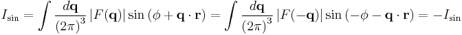 I_{\mathrm{sin}} = \int \frac{d\mathbf{q}}{\left(2\pi\right)^{3}} \left|F(\mathbf{q}) \right|\sin\left(\phi+\mathbf{q}\cdot\mathbf{r}\right) =
\int \frac{d\mathbf{q}}{\left(2\pi\right)^{3}} \left|F(\mathbf{-q}) \right|
\sin\left(-\phi-\mathbf{q}\cdot\mathbf{r}\right) = -I_{\mathrm{sin}}