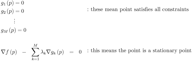 \begin{matrix}
   \begin{align}
  & g_{1}\left( p \right)=0\  \\
 & g_{2}\left( p \right)=0 \\
 & \ \ \ \ \ \ \ \vdots  \\
 & g_{M}\left( p \right)=0 \\
 &  \\
 & \nabla f\left( p \right)\ \ -\ \ \sum\limits_{k=1}^{M}{\lambda _{k}\nabla g_{k}\left( p \right)}\ \ =\ \ 0 \\
\end{align} & \begin{align}
  & \text{:}\ \text{these}\ \text{mean}\ \text{point}\ \text{satisfies}\ \text{all}\ \text{constraints} \\
 &  \\
 &  \\
 &  \\
 &  \\
 & \text{:}\ \text{this}\ \text{means}\ \text{the}\ \text{point}\ \text{is}\ \text{a}\ \text{stationary}\ \text{point} \\
\end{align}  \\
\end{matrix}