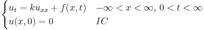 \begin{cases} u_{t}=ku_{xx}+f(x,t) & -\infty<x<\infty,\,0<t<\infty \\ u(x,0)=0 & IC \end{cases} 