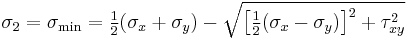 \sigma_2 =\sigma_\mathrm{min} = \tfrac{1}{2}(\sigma_x + \sigma_y) - \sqrt{\left[\tfrac{1}{2}(\sigma_x - \sigma_y)\right]^2 + \tau_{xy}^2}\,\!