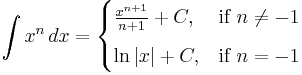 
\int x^n\, dx = 
\begin{cases} 
  \frac {x^{n+1}}{n+1} + C,  & \text{if }n \ne -1 \\[6pt]
  \ln |x| + C, & \text{if }n = -1
\end{cases}
