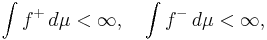  \int f^+ \, d \mu < \infty, \quad \int f^- \, d \mu < \infty, 