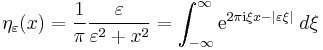 \eta_\varepsilon(x) = \frac{1}{\pi} \frac{\varepsilon}{\varepsilon^2 + x^2}
=\int_{-\infty}^{\infty}\mathrm{e}^{2\pi\mathrm{i} \xi x-|\varepsilon \xi|}\;d\xi
