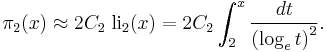 \pi_2(x) \approx 2C_2\; \operatorname{li}_2(x) = 2C_2 \int_2^x \frac{dt}{\left(\log_e t \right)^2}.