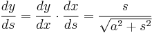 \frac{dy}{ds} = \frac{dy}{dx}\cdot\frac{dx}{ds} = \frac{s}{\sqrt{a^2+s^2}}