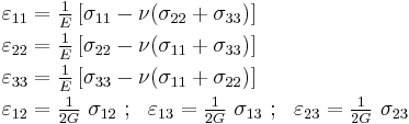 
  \begin{align}
  \varepsilon_{11} & = \tfrac{1}{E}\left[ \sigma_{11} - \nu(\sigma_{22}+\sigma_{33}) \right] \\
  \varepsilon_{22} & = \tfrac{1}{E}\left[\sigma_{22} - \nu(\sigma_{11}+\sigma_{33}) \right] \\
  \varepsilon_{33} & = \tfrac{1}{E}\left[\sigma_{33} - \nu(\sigma_{11}+\sigma_{22}) \right] \\
  \varepsilon_{12} & = \tfrac{1}{2G}~\sigma_{12} ~;~~
  \varepsilon_{13} = \tfrac{1}{2G}~\sigma_{13} ~;~~
  \varepsilon_{23} = \tfrac{1}{2G}~\sigma_{23}
  \end{align}
