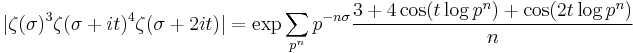 |\zeta(\sigma)^3\zeta(\sigma+it)^4\zeta(\sigma+2it)| = \exp\sum_{p^n}p^{-n\sigma}\frac{3+4\cos(t\log p^n)+\cos(2t\log p^n)}{n}