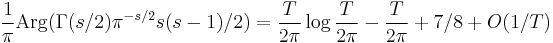 \frac{1}{\pi}\mathop{\mathrm{Arg}}(\Gamma(s/2)\pi^{-s/2}s(s-1)/2) = \frac{T}{2\pi}\log\frac{T}{2\pi}-\frac{T}{2\pi} +7/8+O(1/T) 