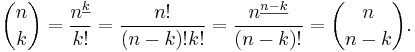 \binom nk=\frac{n^{\underline k}}{k!}=\frac{n!}{(n-k)!k!}=\frac{n^{\underline{n-k}}}{(n-k)!}=\binom n{n-k}.