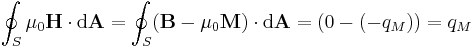 \oint_S \mu_0 \mathbf{H} \cdot \mathrm{d}\mathbf{A} = \oint_S (\mathbf{B}- \mu_0 \mathbf{M})\cdot \mathrm{d}\mathbf{A}= (0 - (-q_M)) = q_M