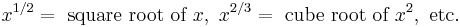 x^{1/2} = \text{ square root of }x,\ x^{2/3} = \text{ cube root of }x^2, \text{ etc.}